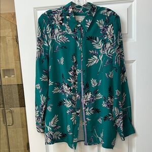 Johnny Was Teal and Purple Leaf Print Shirt